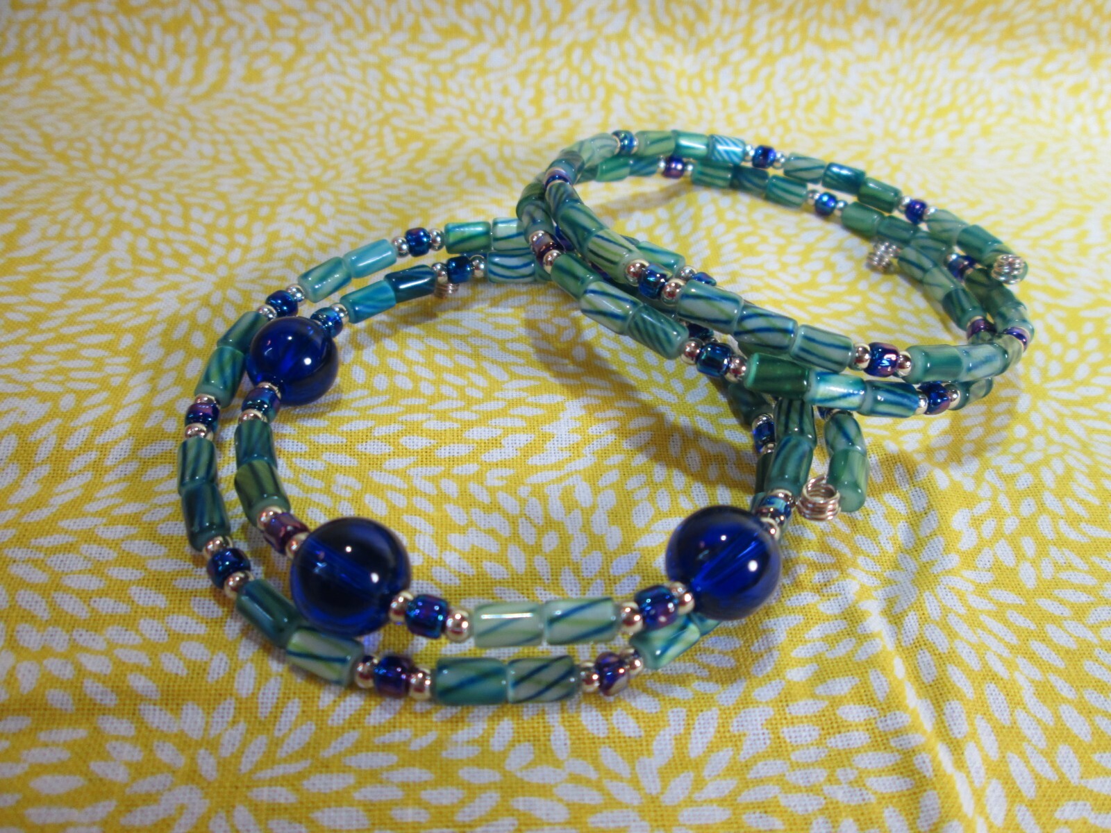 Handmade Glass Bead Memory Wire Wrap Bracelets / Lot of 2 / Green-Blue Duo