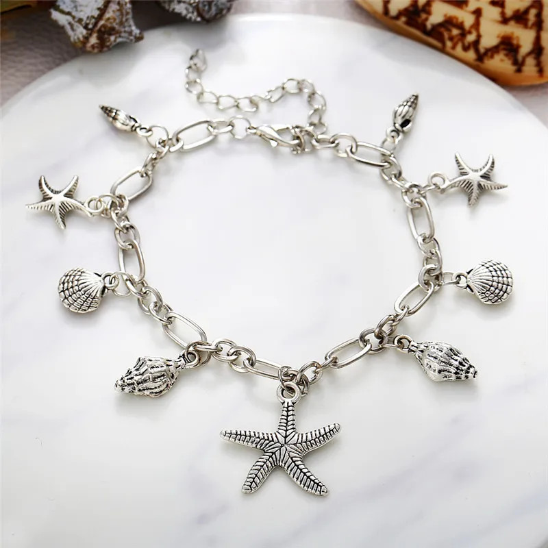 Vintage Summer Starfish Ankle bracelets For Women Silver Color Shells Conch Char
