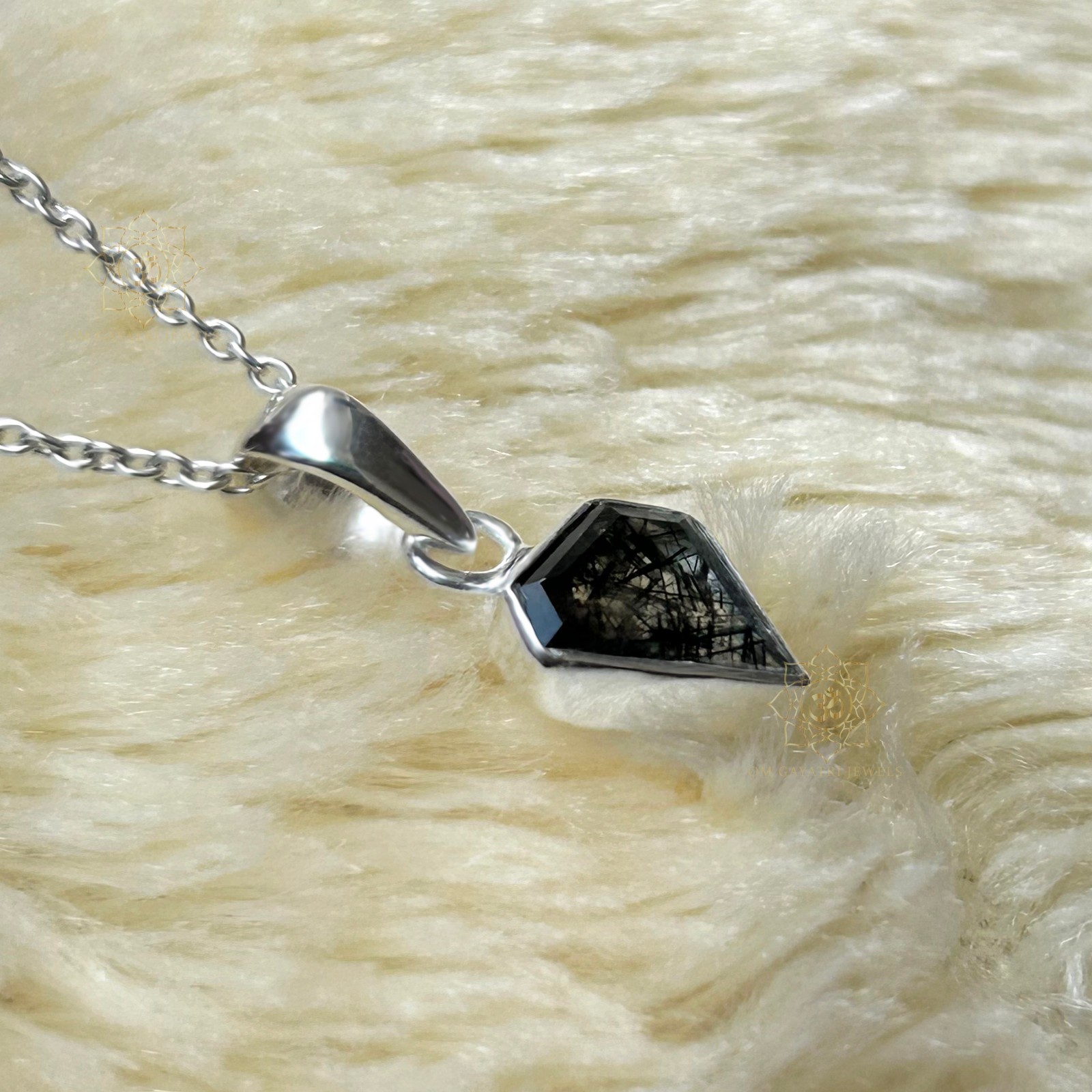 Pentagon Black Rutile Quartz Pendant Sterling Silver Handmade Jewelry 8mm