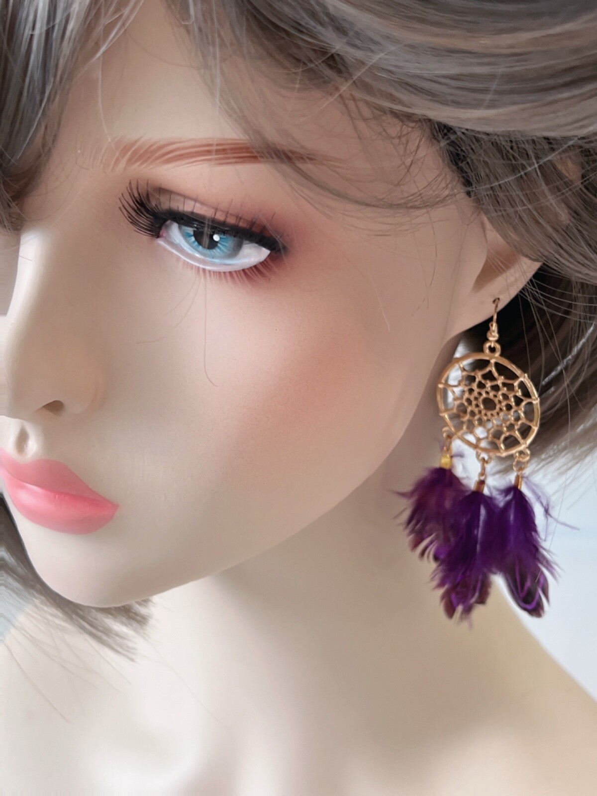 NEW Women Boho Ethnic Dark Purple Feather Dream Catcher Net Dangle Drop Earrings
