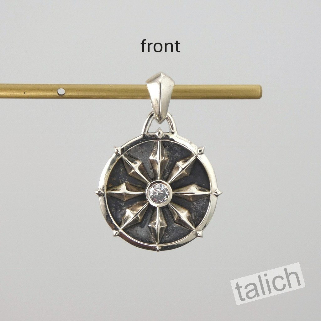 925 Sterling Silver Compass Amulet Pendant with CZ Double Sided Nautical Gift