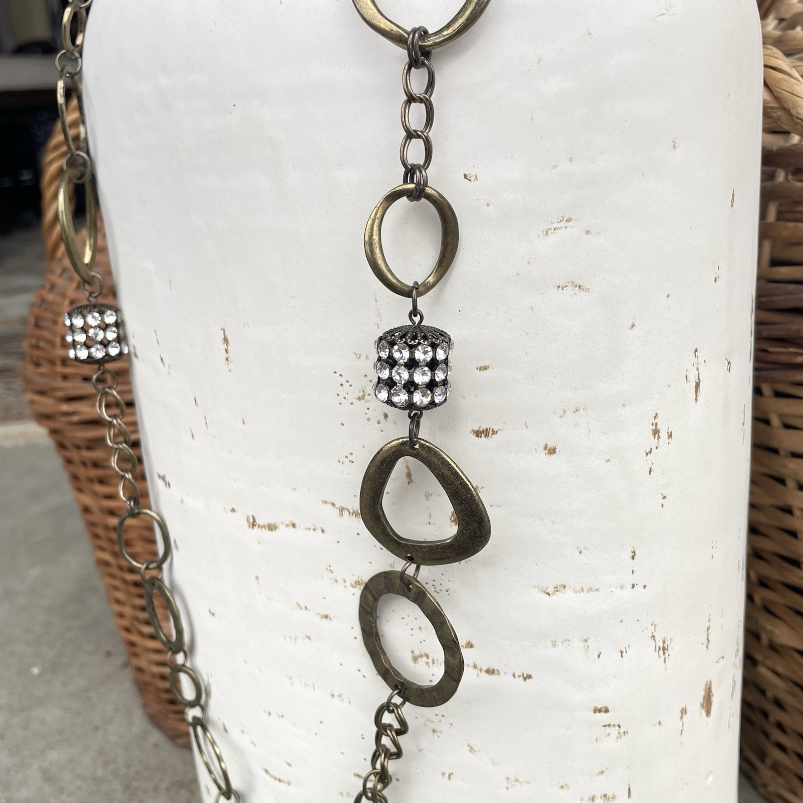 Lia Sophia IMPROV Mixed Metal Long Circle Link Chain Necklace Rhinestone 43″