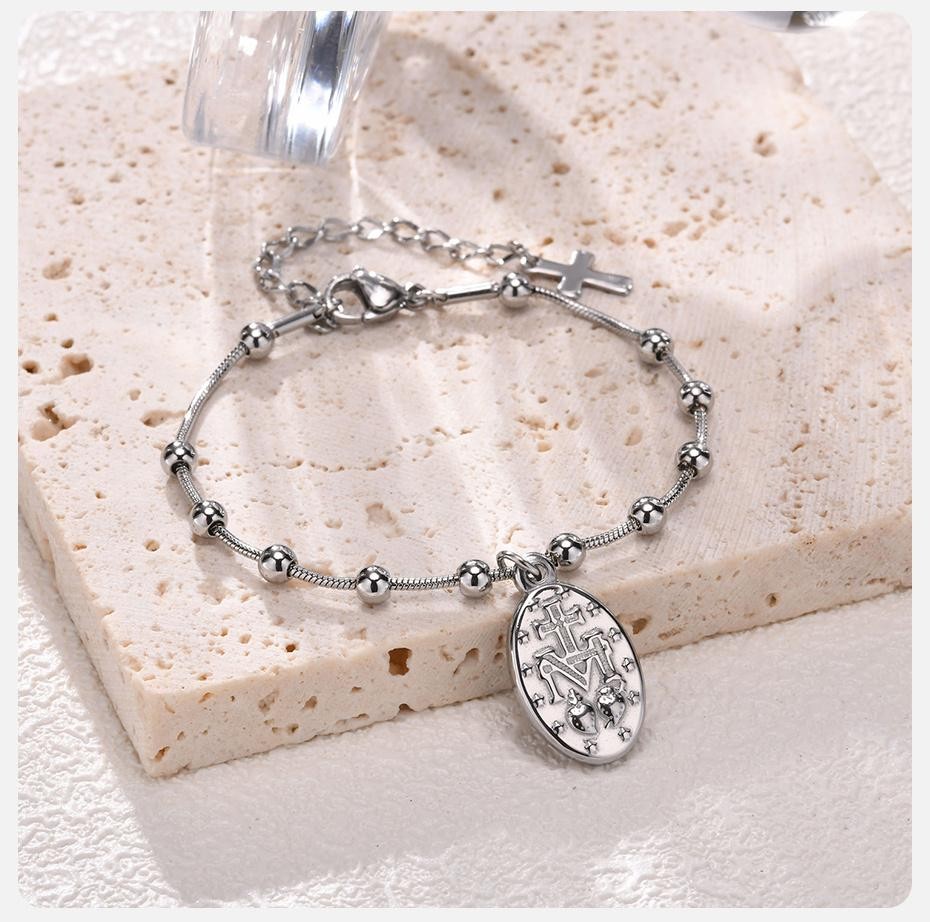 Women’s Rosary Bracelet – Virgin Mary Cross Religious Stainless Steel Jewelry