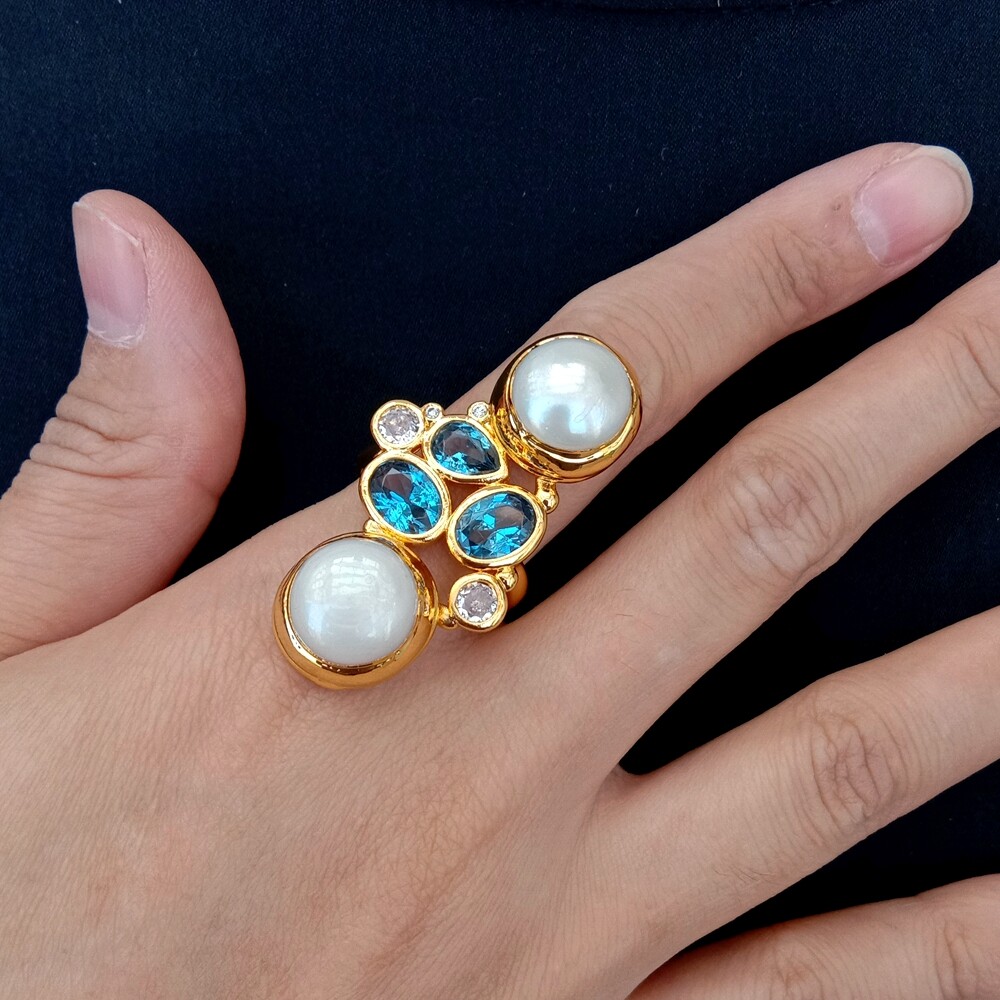 Freshwater White Pearl Blue Cz Pave Gold Plated Finger Ring