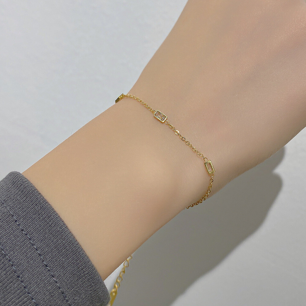 Woman 18K Gold Plated Stainless Steel CZ Square Charm Thin Bracelet Bangle