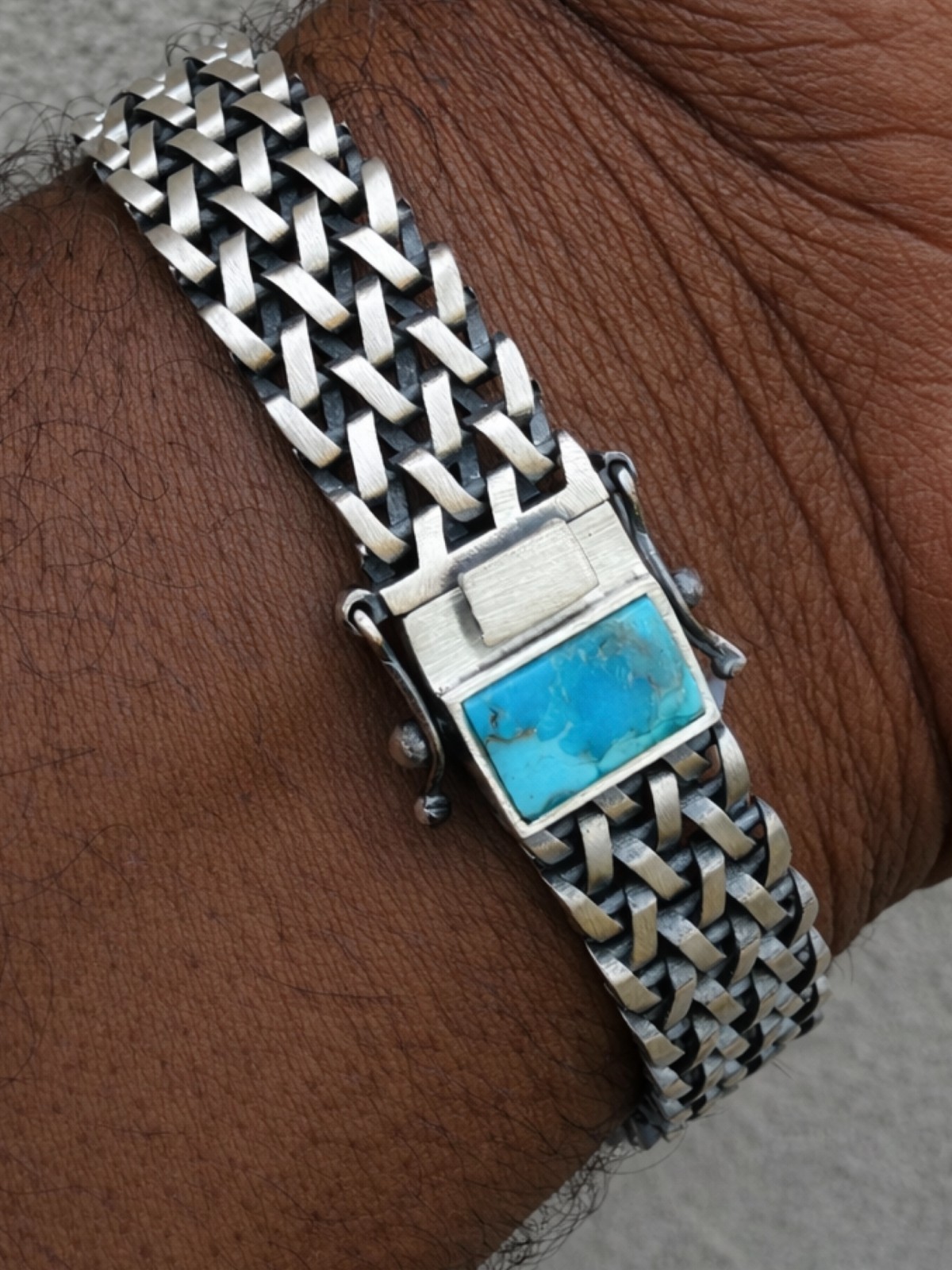 Mens Turquoise Stone Bracelet 925 Sterling Silver 12mm Wheat Woven Link Handmade