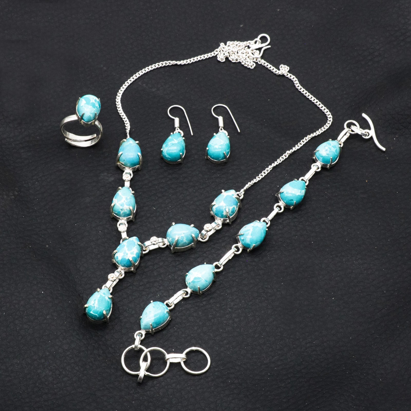 Larimar Gemstone .925 Sterling Silver Handmade Jewelry Set