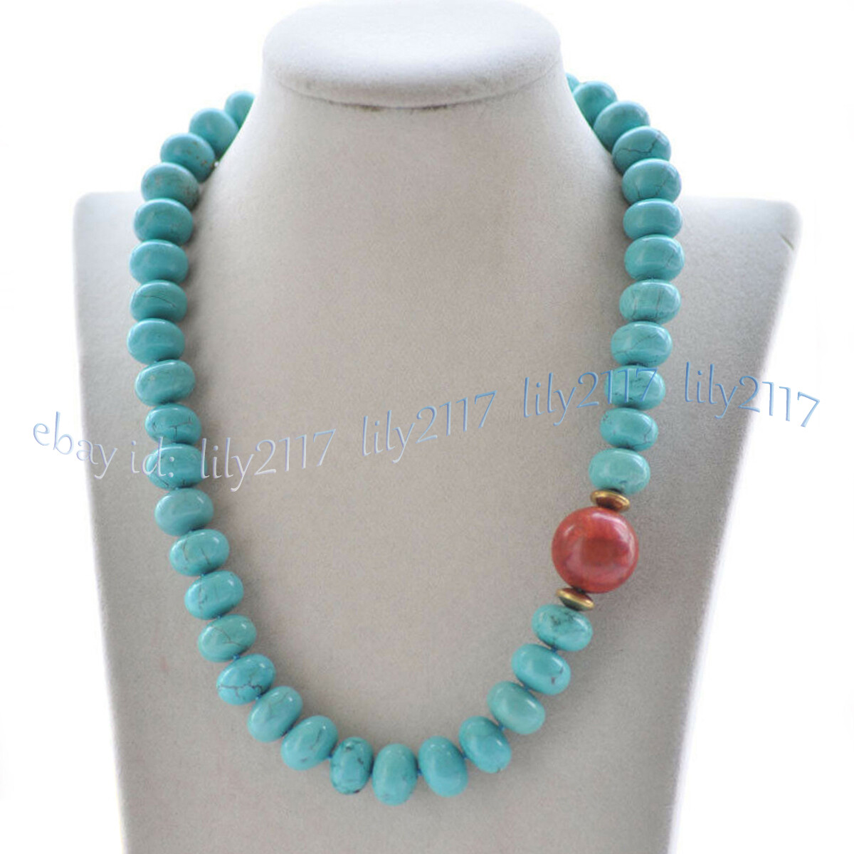 5x8mm Blue Turquoise Rondelle Gems Beads & 14mm Round Red Coral Pendant Necklace