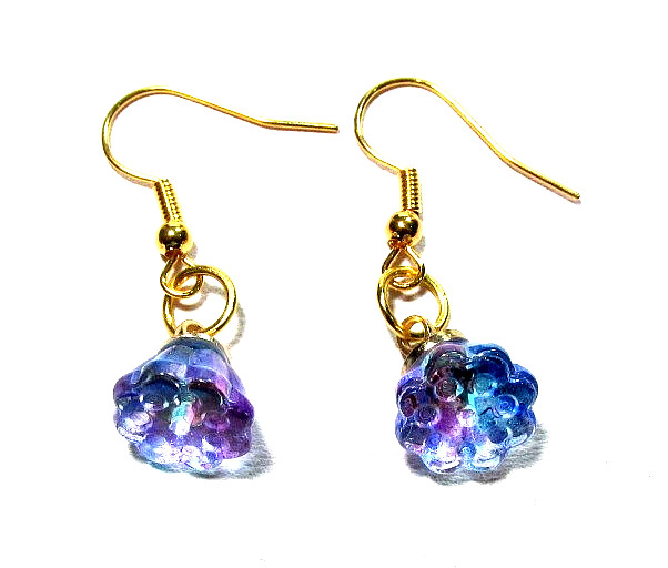 Gold Tone Blue Purple Glass Flower 18″ Necklace & Pierced Earrings -NWOT (#3298)