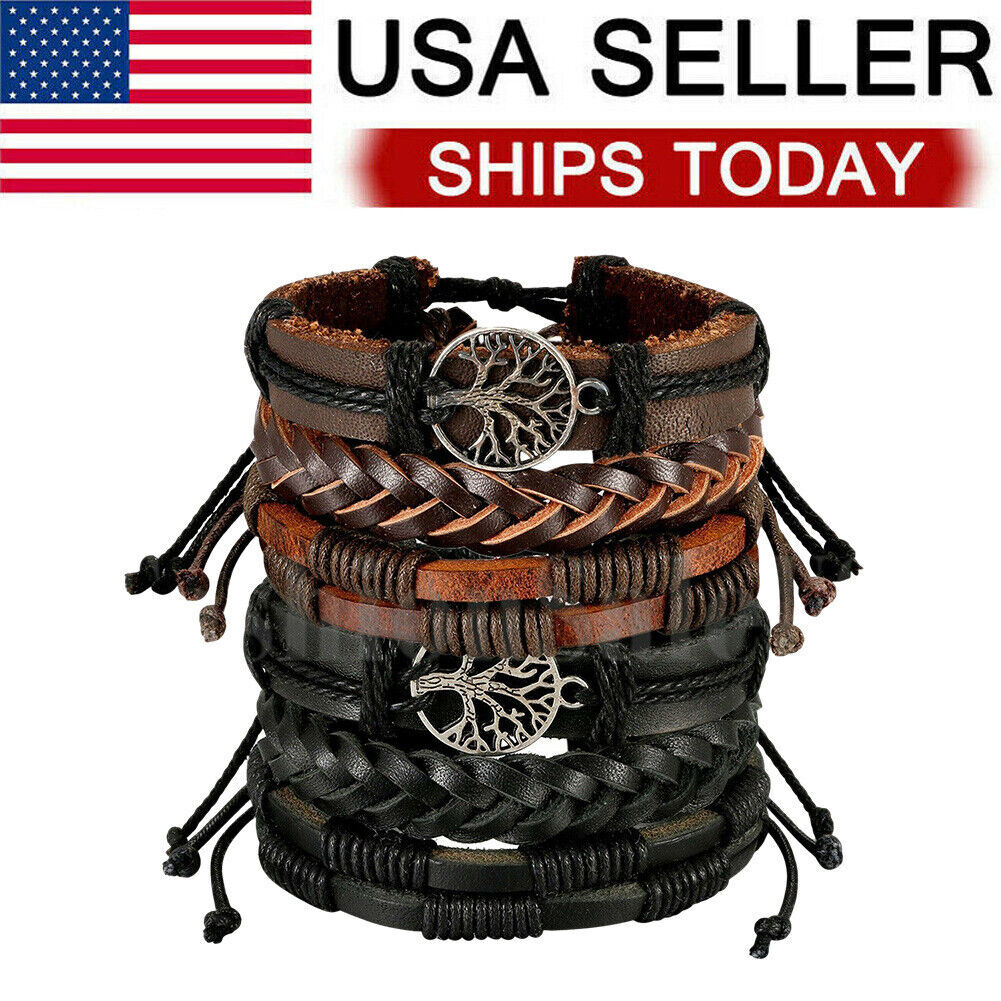 6Pcs Set Braided Leather Rope Bracelet Set Wristband Bangle Tribal Men Women
