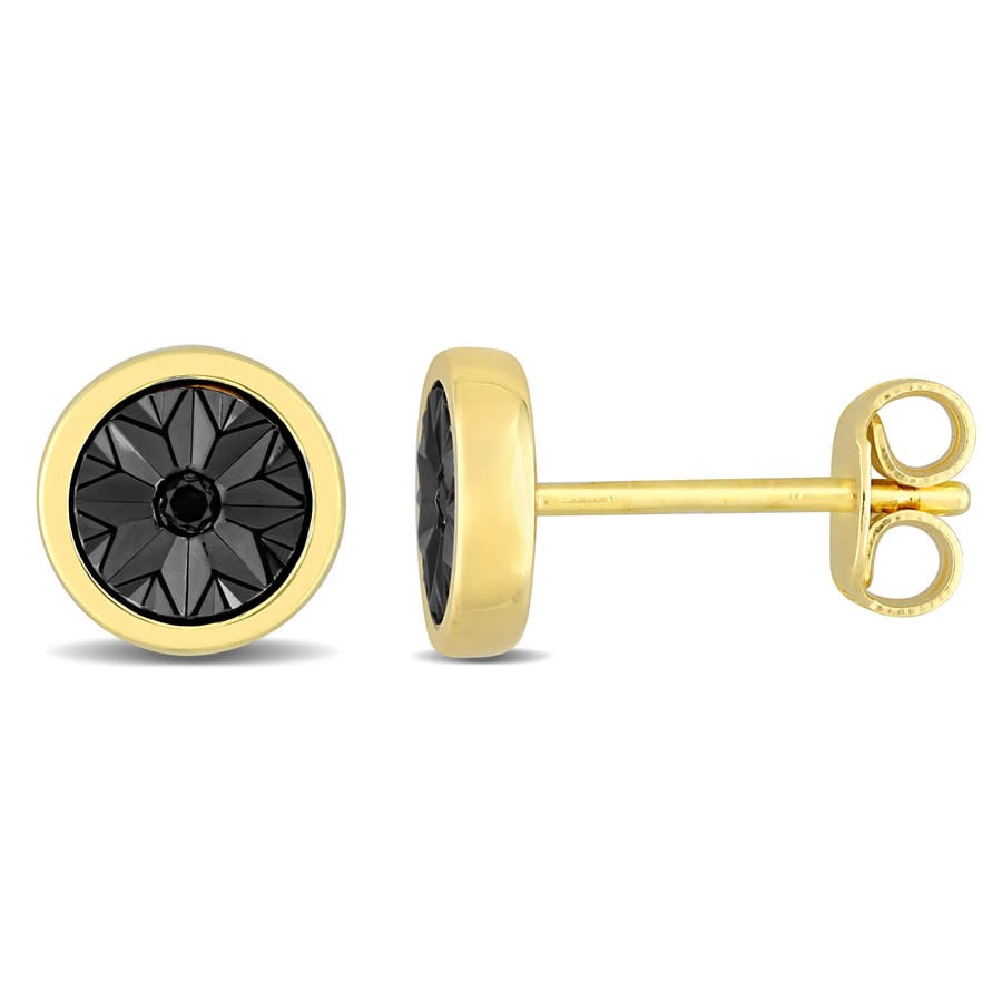 AMOUR Black Diamond Accent Circle Men’s Stud Earrings In Yellow Plated Sterling