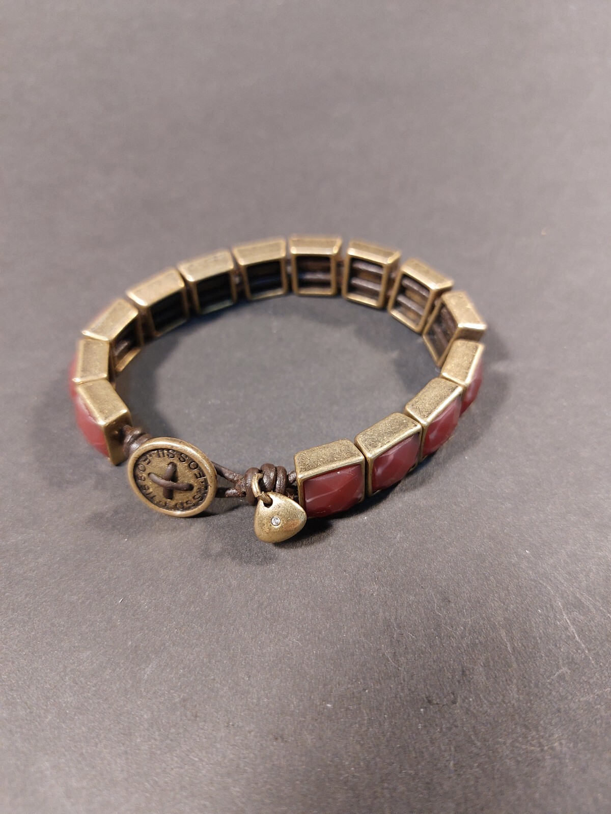 Fossil Brass Red Stone Faceted Bracelet 7in x 11mm