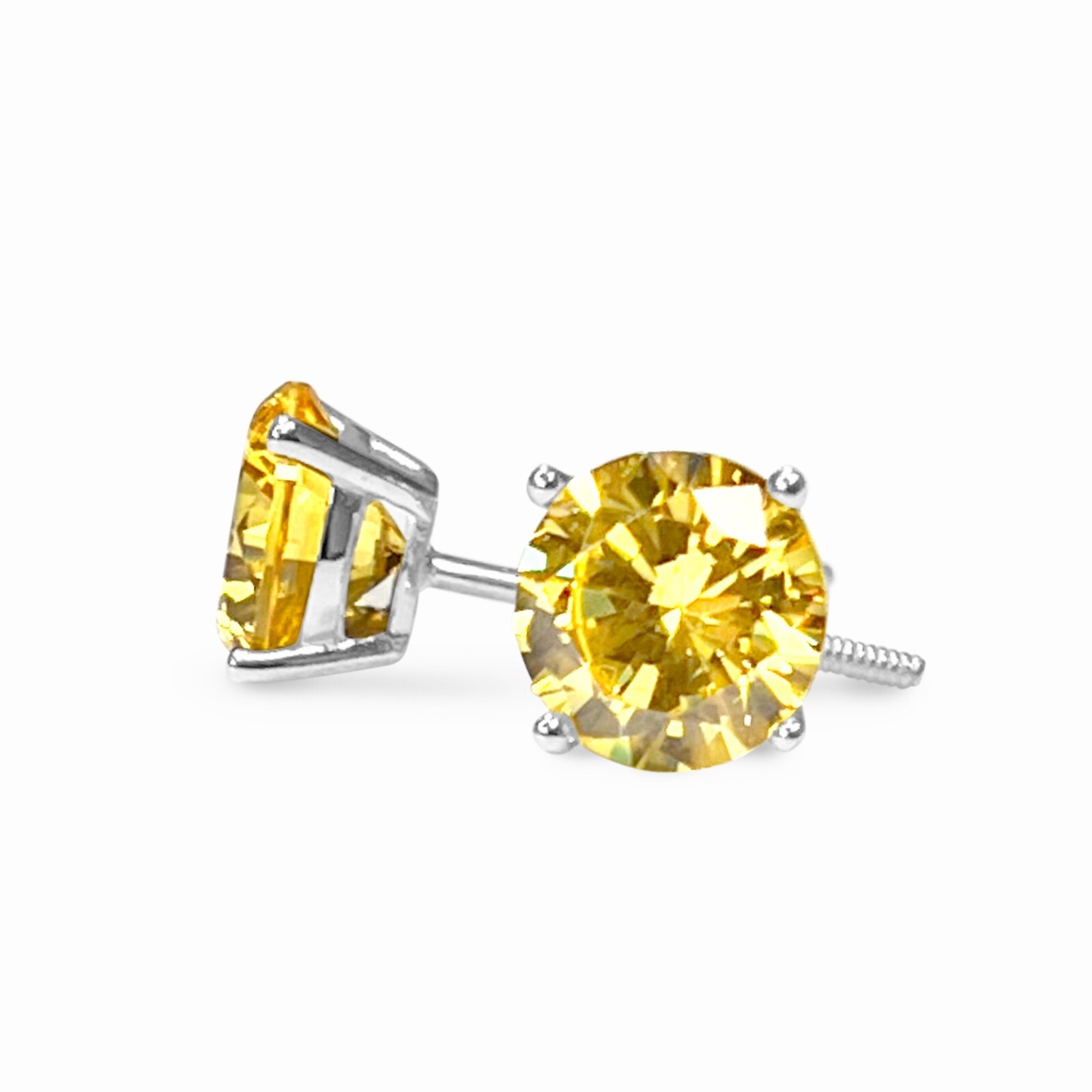 14K Solid White Gold Stud Earrings, Yellow Canary Earrings, 2tcw, Screw Back