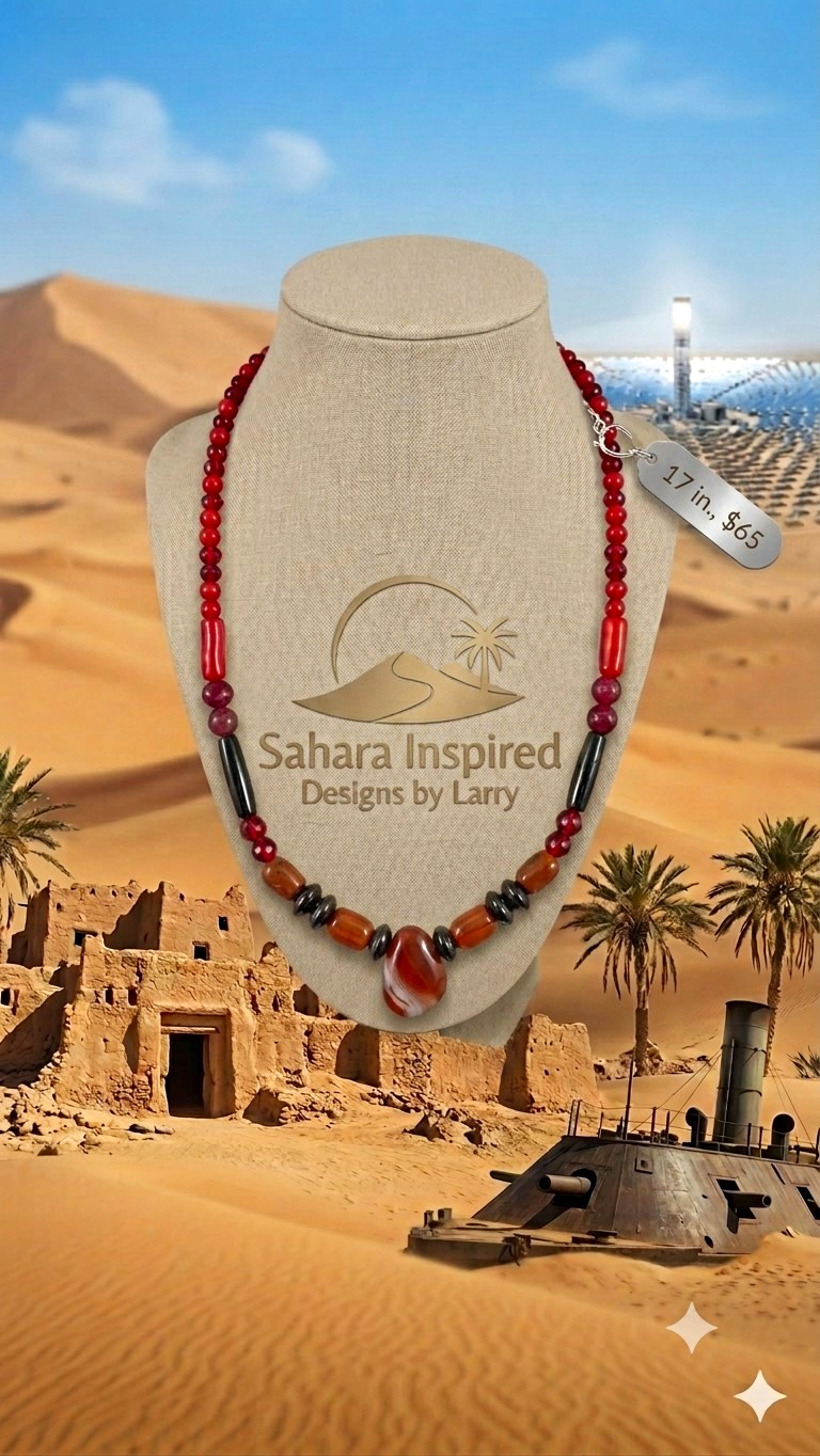 Sahara Inspired Designs by Larry Red Beaded Stone Necklace Oval Pendant 17 in