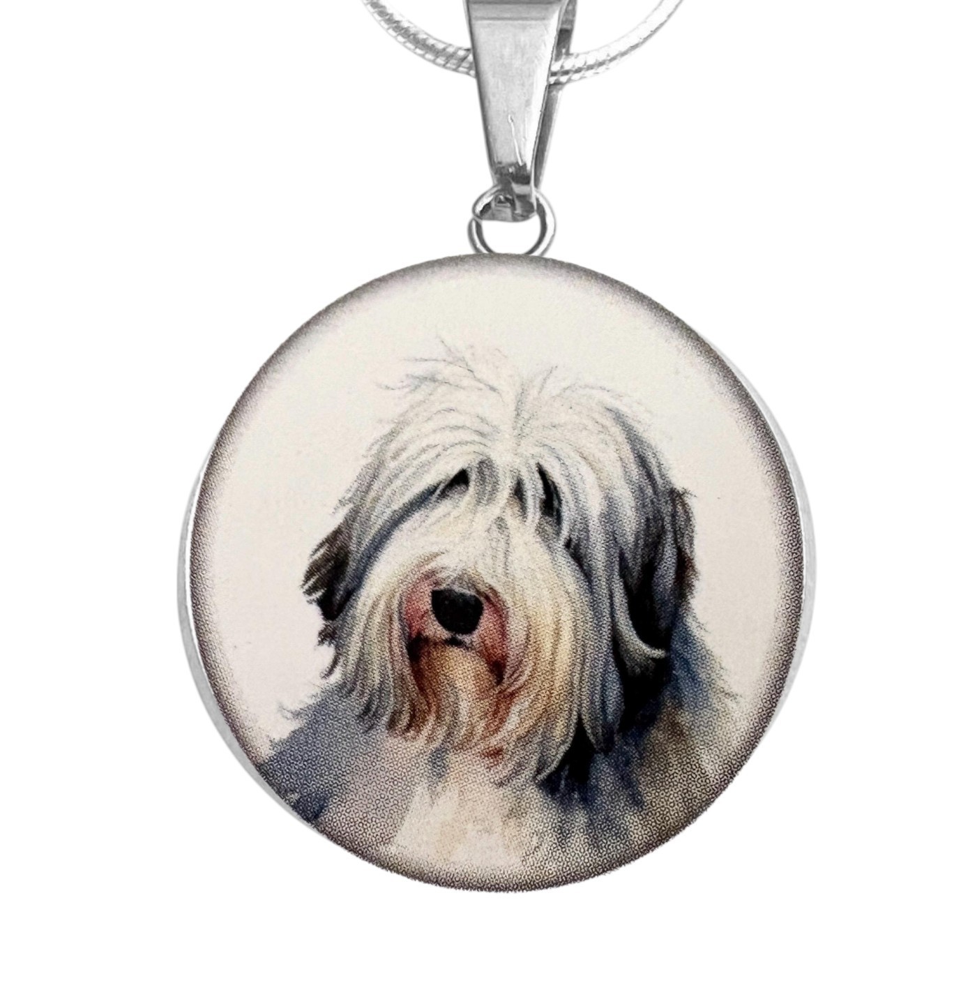 OLD ENGLISH SHEEP DOG Art Print S. Steel Necklace Free Engraved message on back