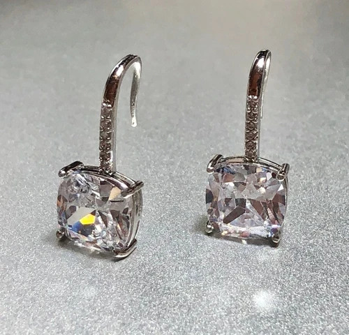 3CTW Simulated Diamond Cushion Drop Earrings 10k White Gold Plated Elegant Gift