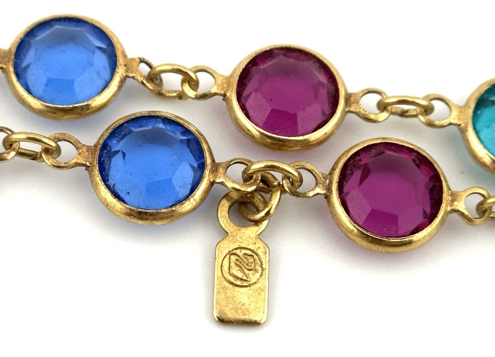 Swarovski Crystal Station Necklace Blue Pink Green Gold Tone 36″ Signed