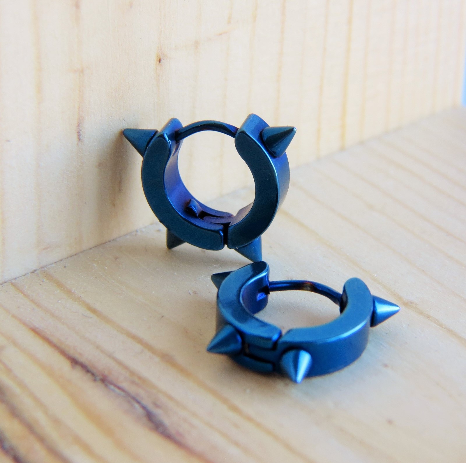 Punk Hip Hop Huggie style Blue Titanium Steel Spike Stud Hoop Earrings