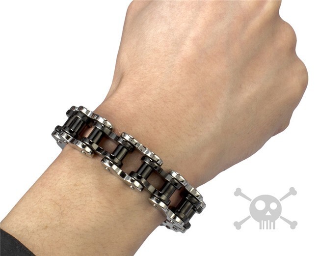 Black Silver Tone 18mm Stainless Steel Motorcycle Bike Chain Link 9 in Bracelet