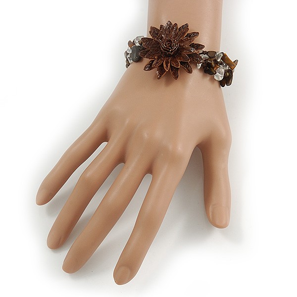 Leather Flower Turquoise Bead Cotton Cord Bracelet/ Brown/ 15cm L/ Small