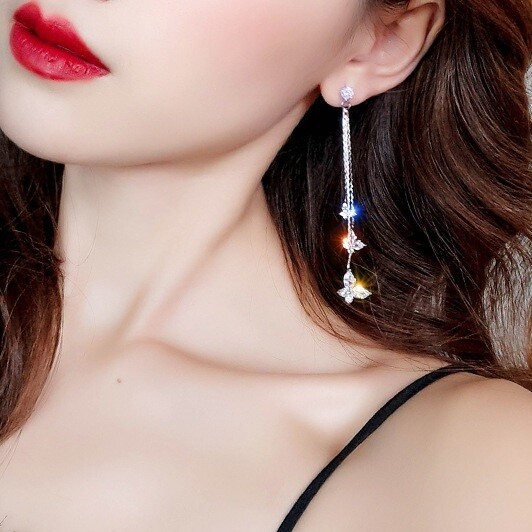 925 Sterling Silver New Fashion Butterfly White Topaz Dangle Drop Stud Earrings