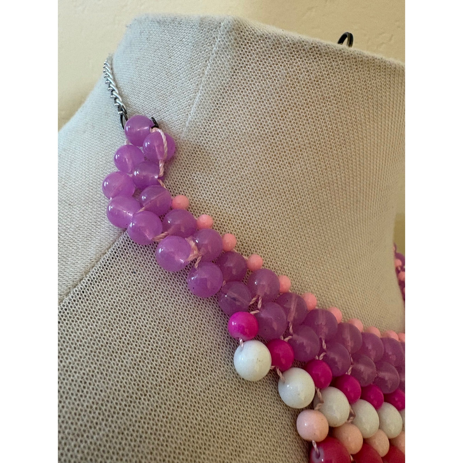 Handmade Pink Purple White Beaded Bib Statement Necklace Adjustable