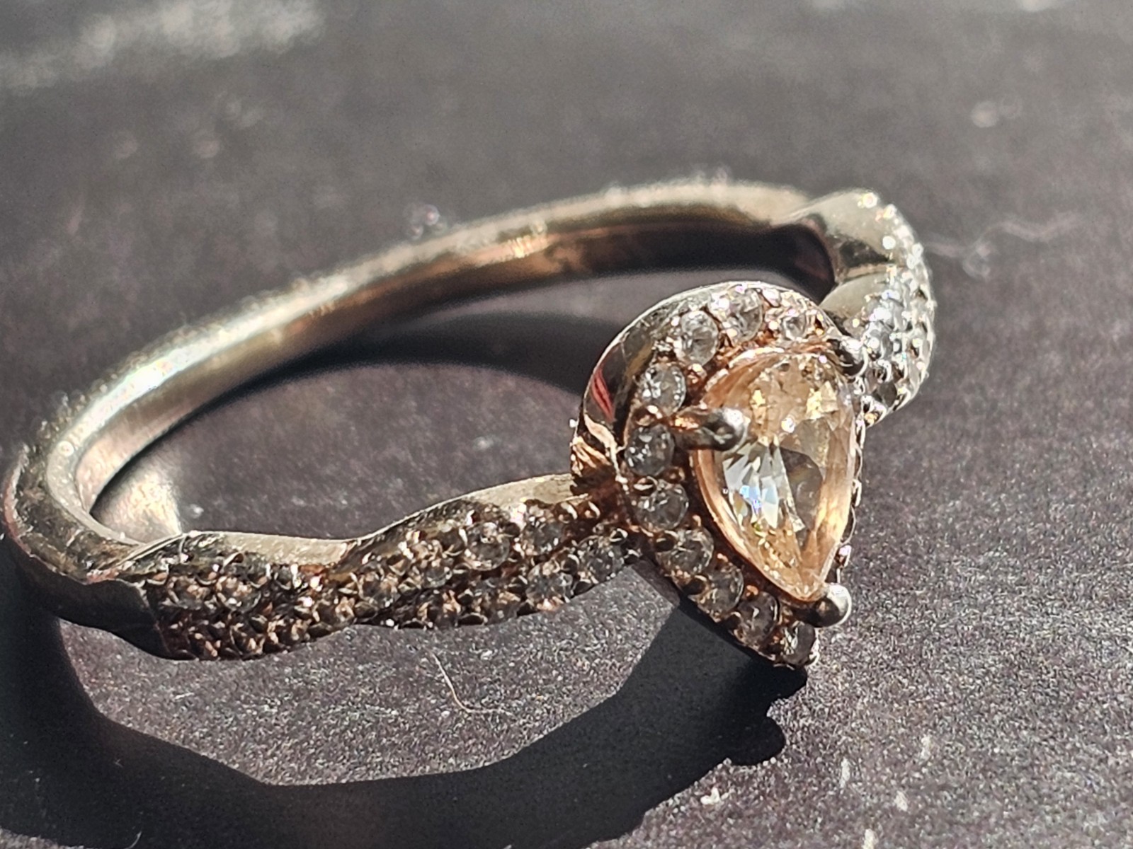 Silver Gnoce Halo Ring w/ Champagne Pear Cut CZ Size 8 S925 Sterling *Worn*