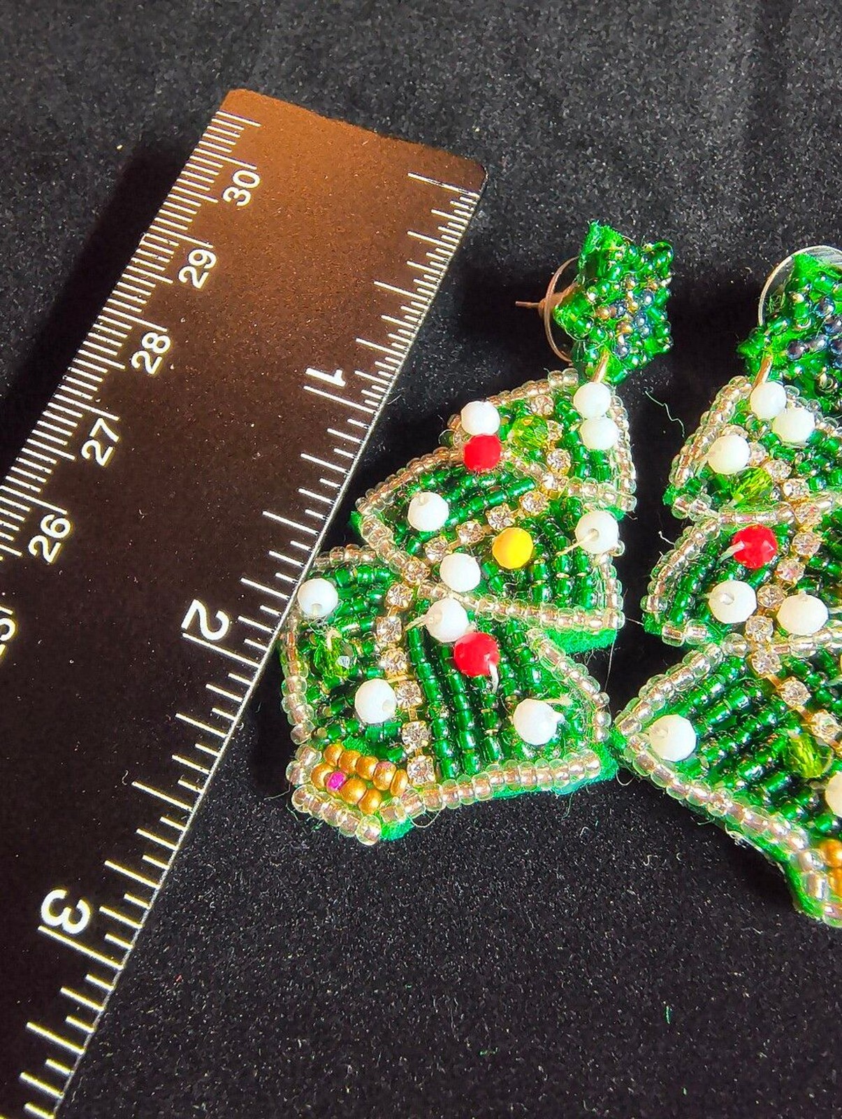 Vintage Handmade Beaded Christmas Tree Earrings Rhinestone Glass Bead