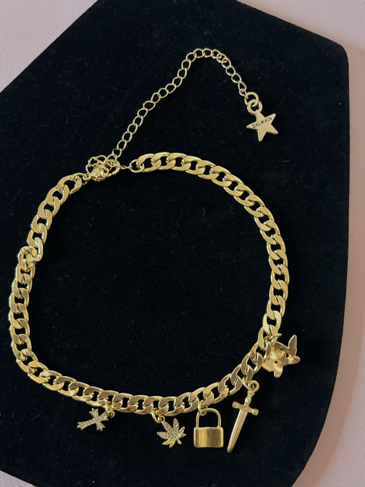 Dalmata Gold Tone Curb Link Rhinestone Cross Charm choker Lobster Adjustable