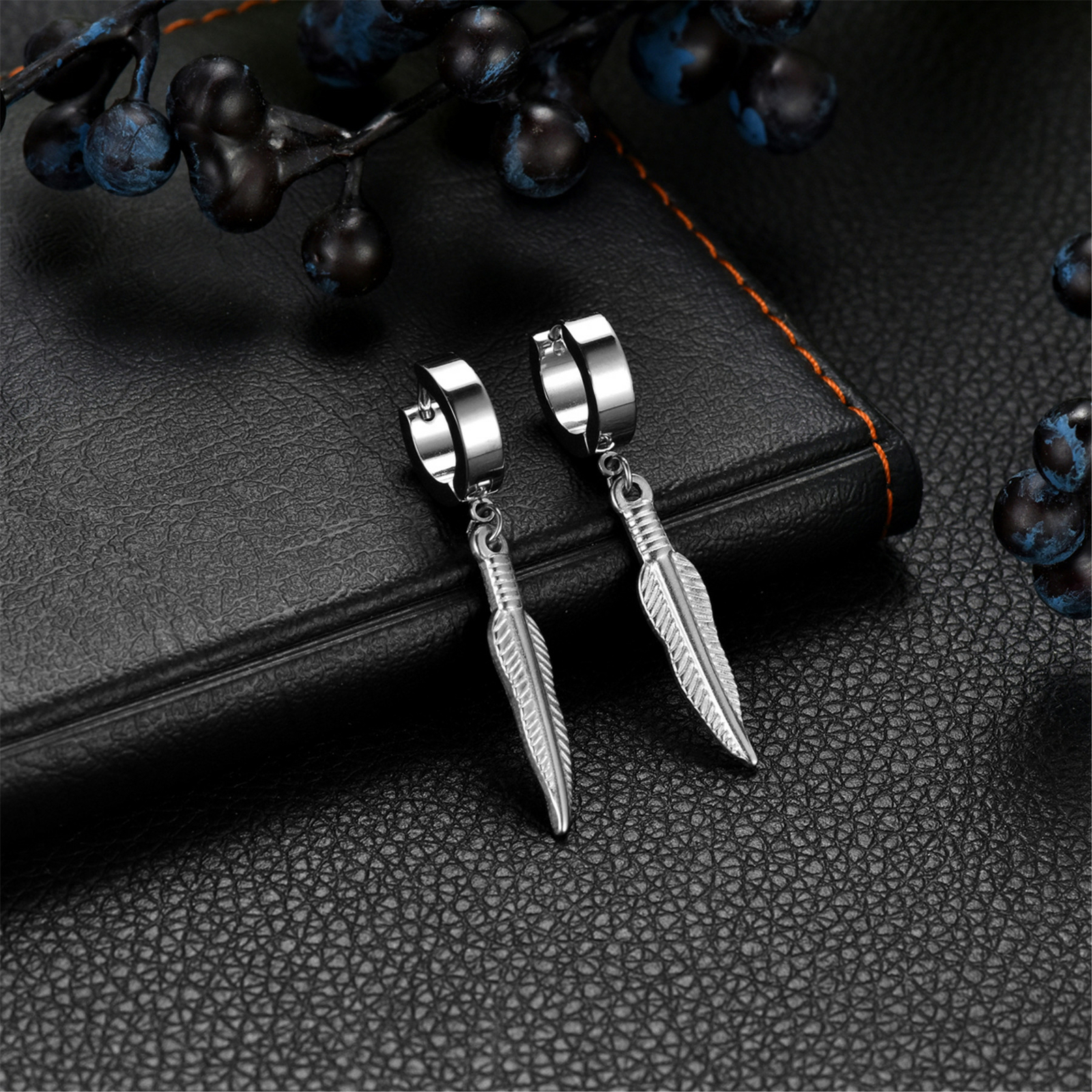 2pcs Drop Dangle Feather Earrings For Men Women Huggie Hinged Stainless Steel