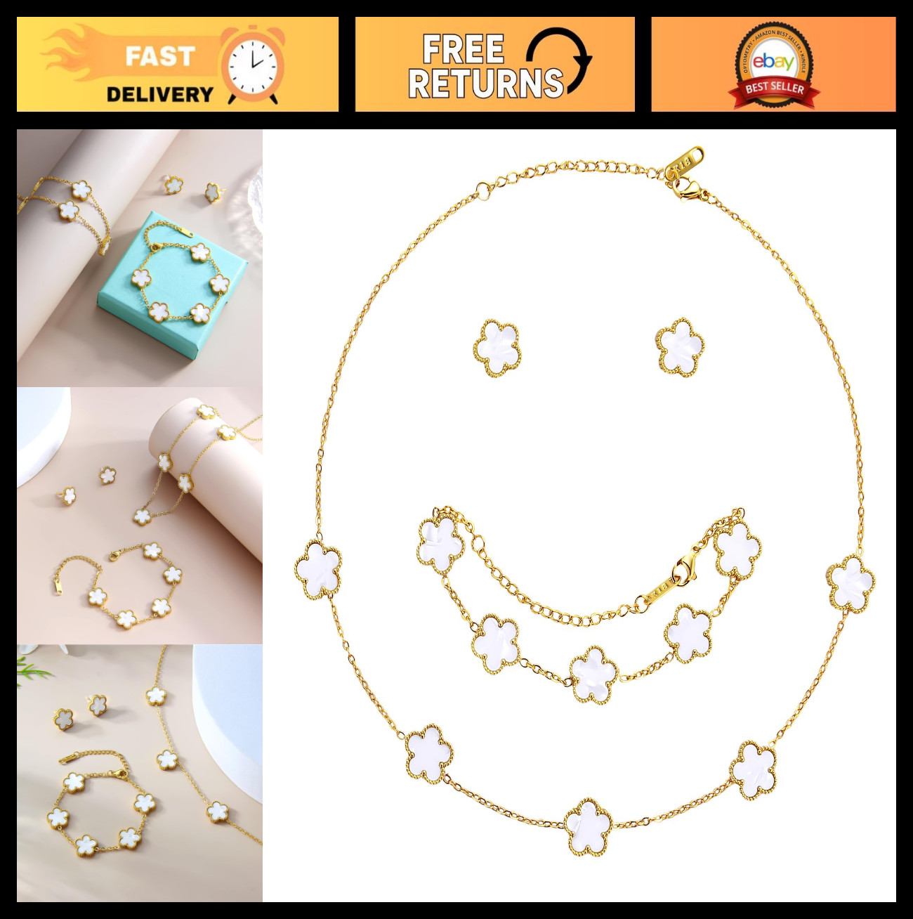 18K Gold Plated Lucky Clover Jewelry Set – Flower Design Bracelet, Necklace & Ea