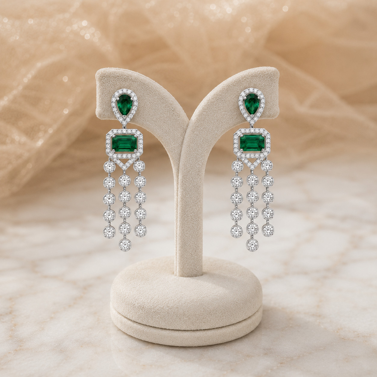 3.00 Ct Emerald Cut Natural Emerald & Diamond 18K Solid White Gold Weeding Stud
