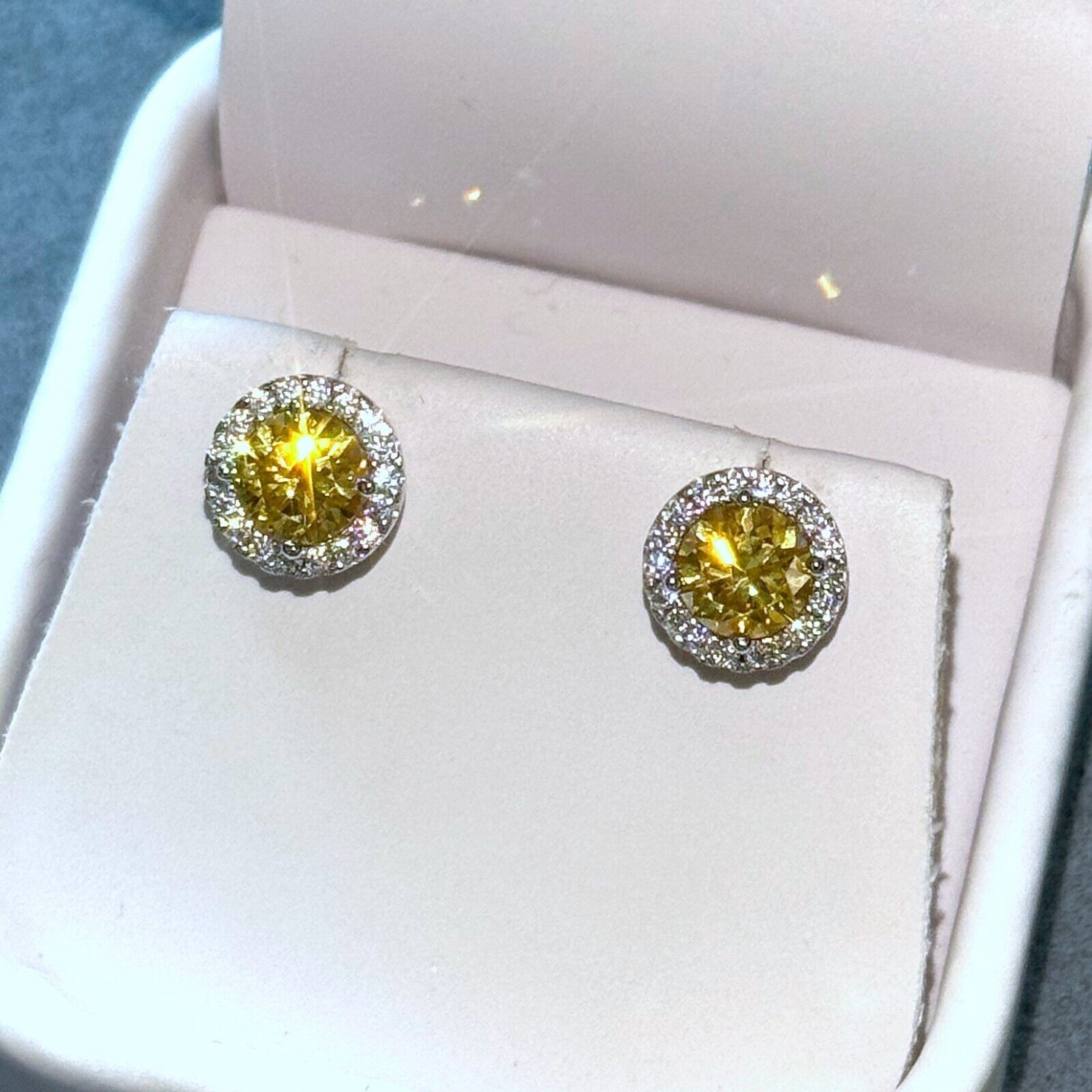 2.00 CTW Yellow Moissanite Halo Stud Earrings – 925 Sterling Silver