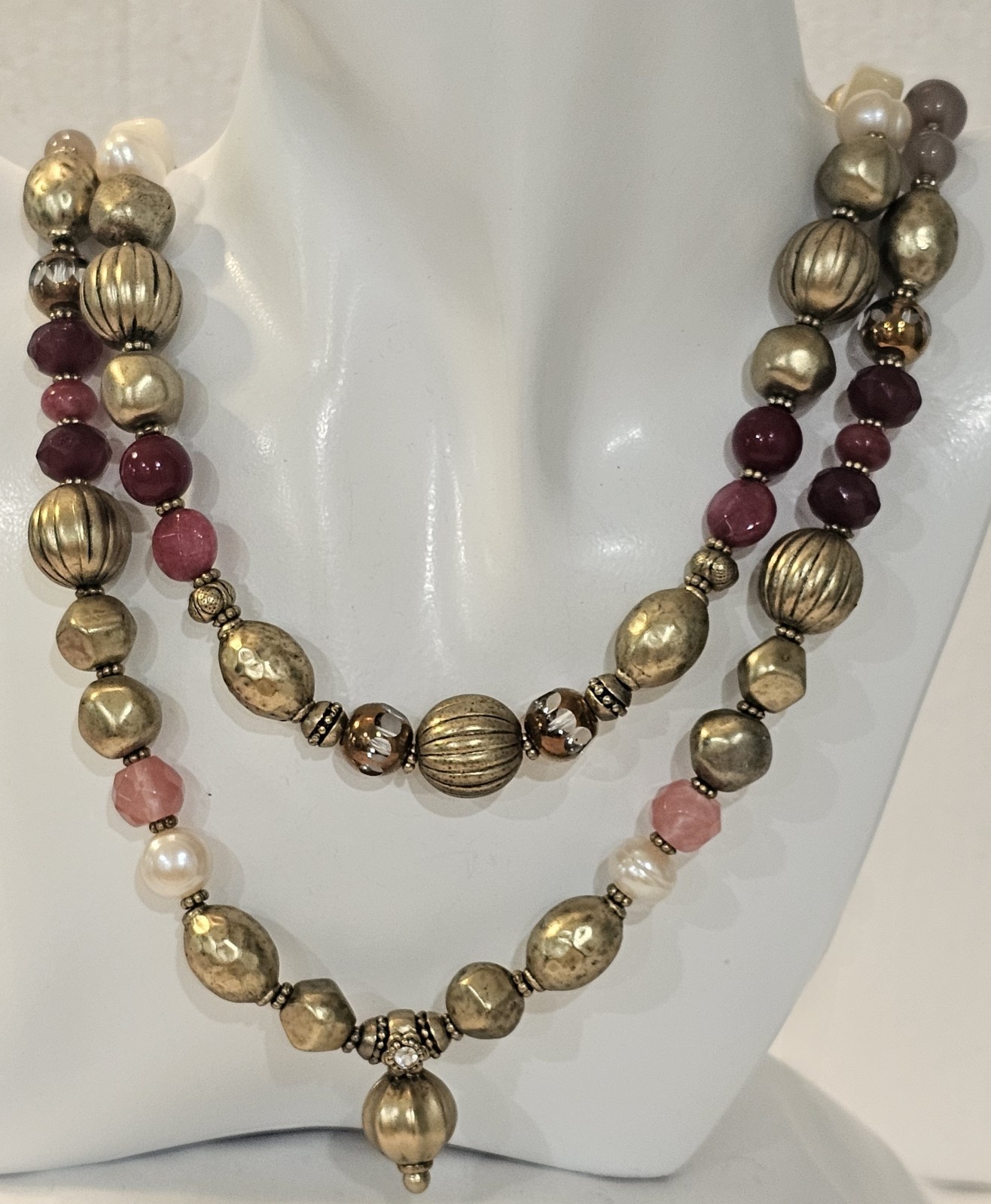 Chicos Long Double Strand Gold & Raspberry Colored Lucite & Glass Beads NWT