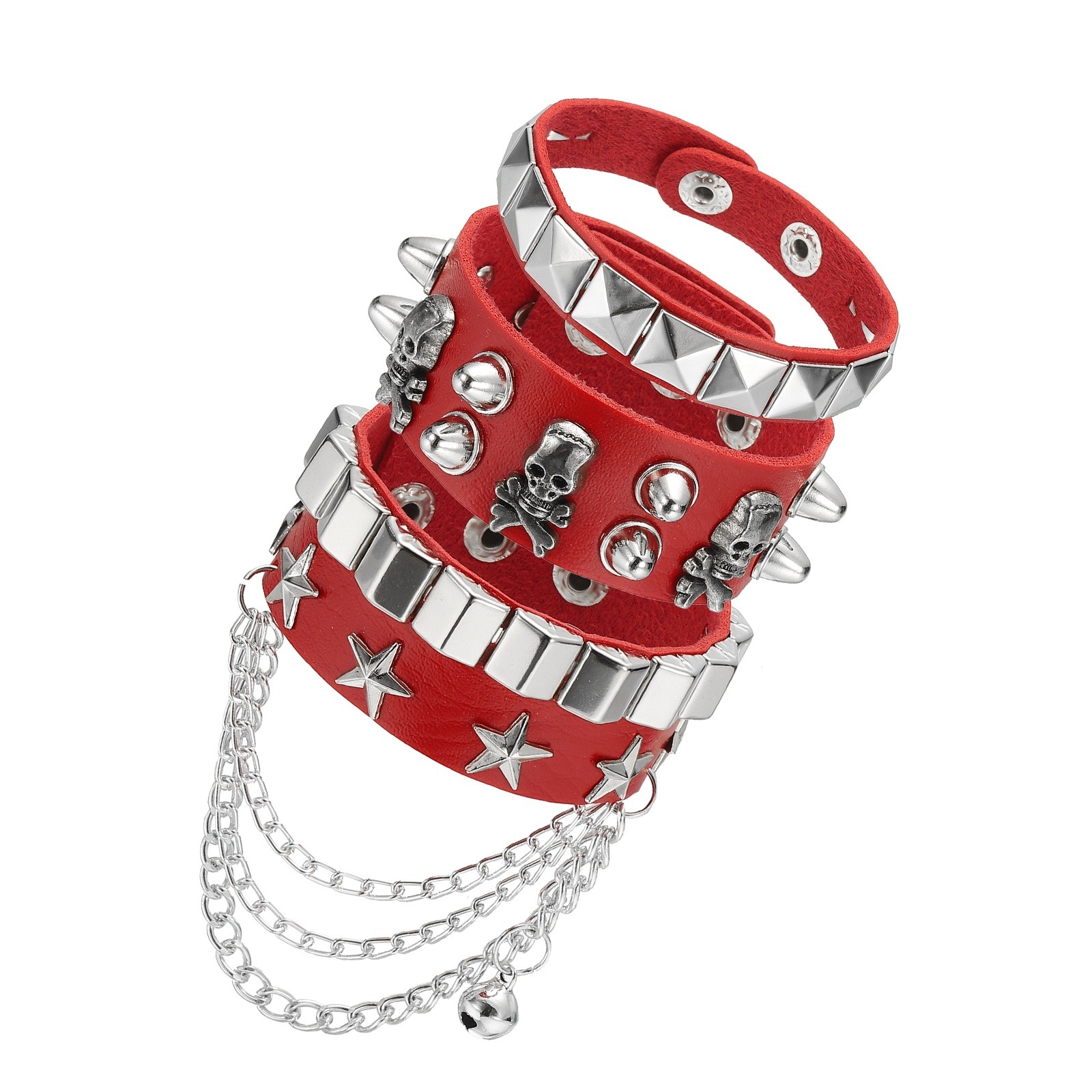 3 Pcs Red Rock Punk Studded Bracelet Set 22cm Adjustable Bracelets for Party