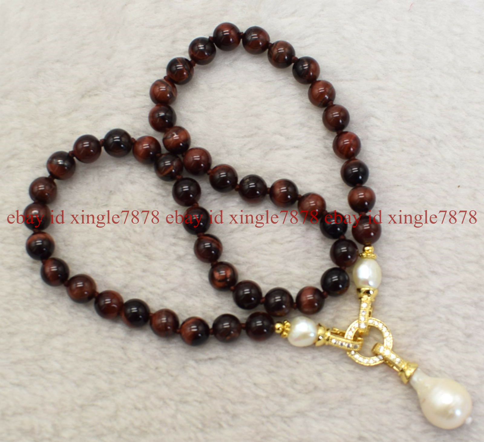 Natural 8mm 10mm Red Tiger’s Eye & Baroque White Keshi Pearl Pendant Necklace