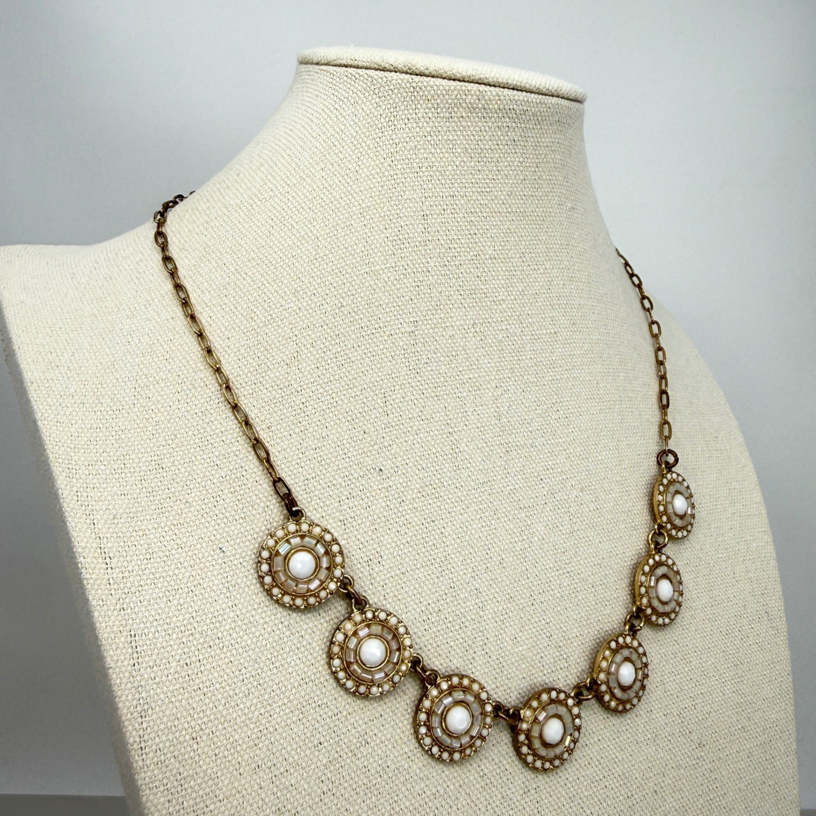 Iridescent Medallion Necklace Statement Bib Gold Tone White Cabochon