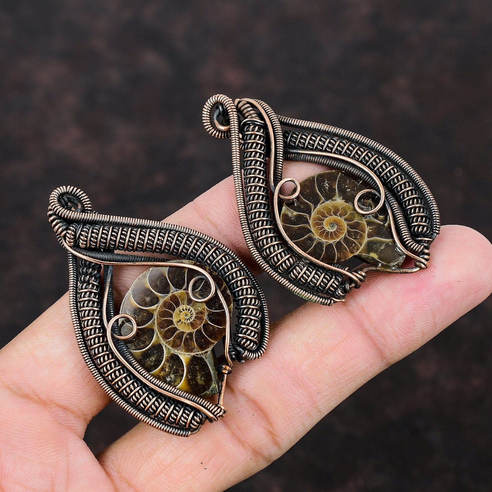 Ammonite Fossil Wire Wrapped Drop/Dangle Earrings Copper Jewelry For Girls 2.28″