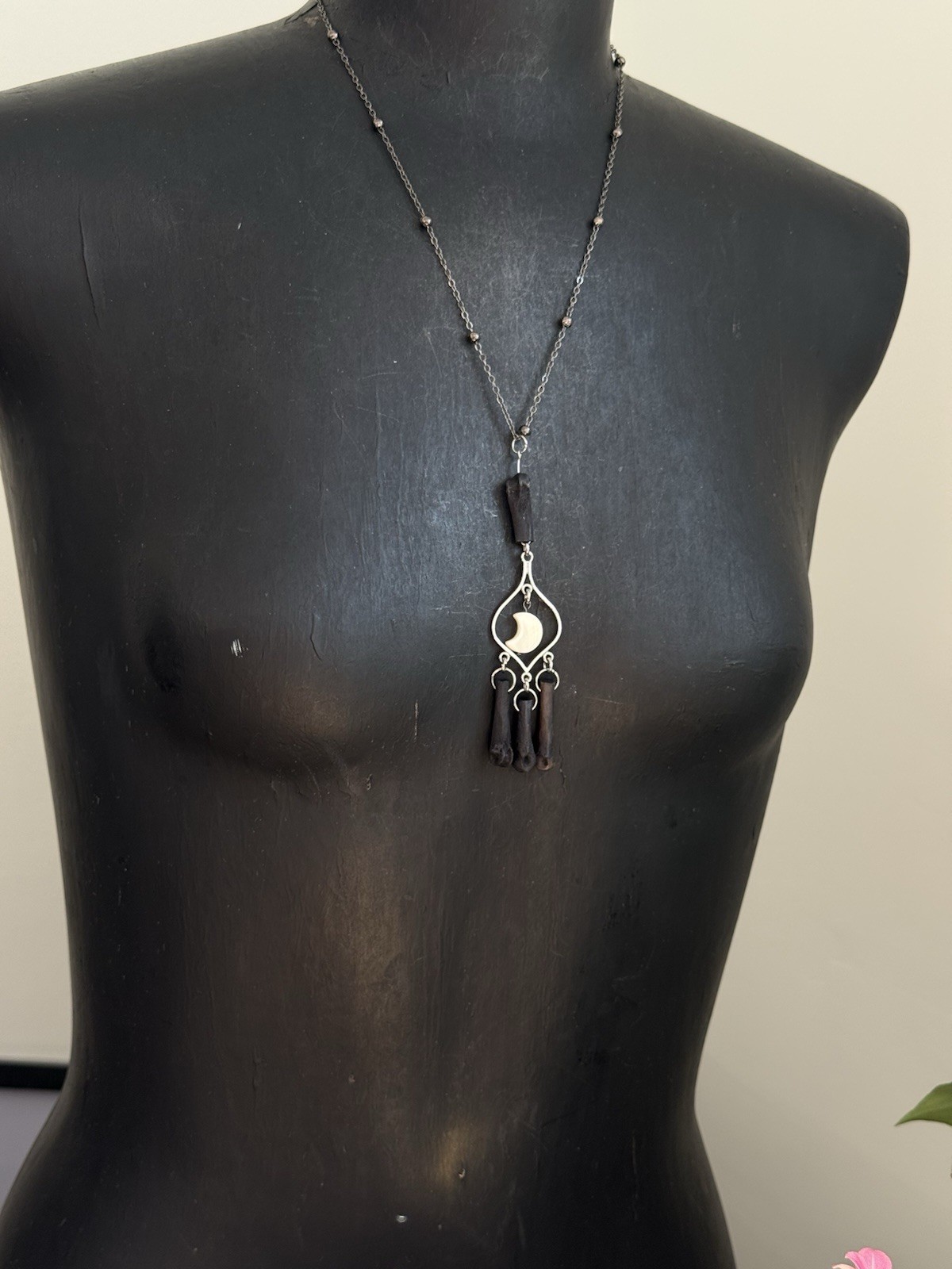 Abalone moon coyote bone necklace pendant oddities jewelry boho layering