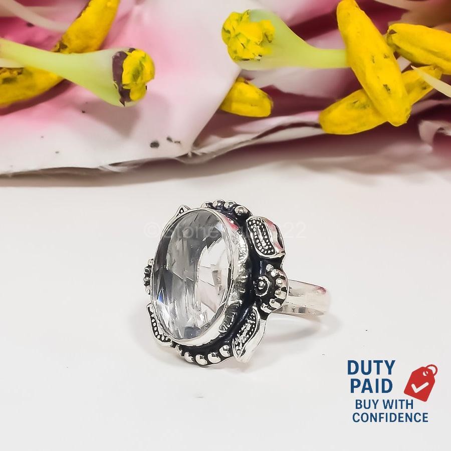 925 Silver White Topaz Unique Mother Statement Handmade Ring Jewelry Size 7.5