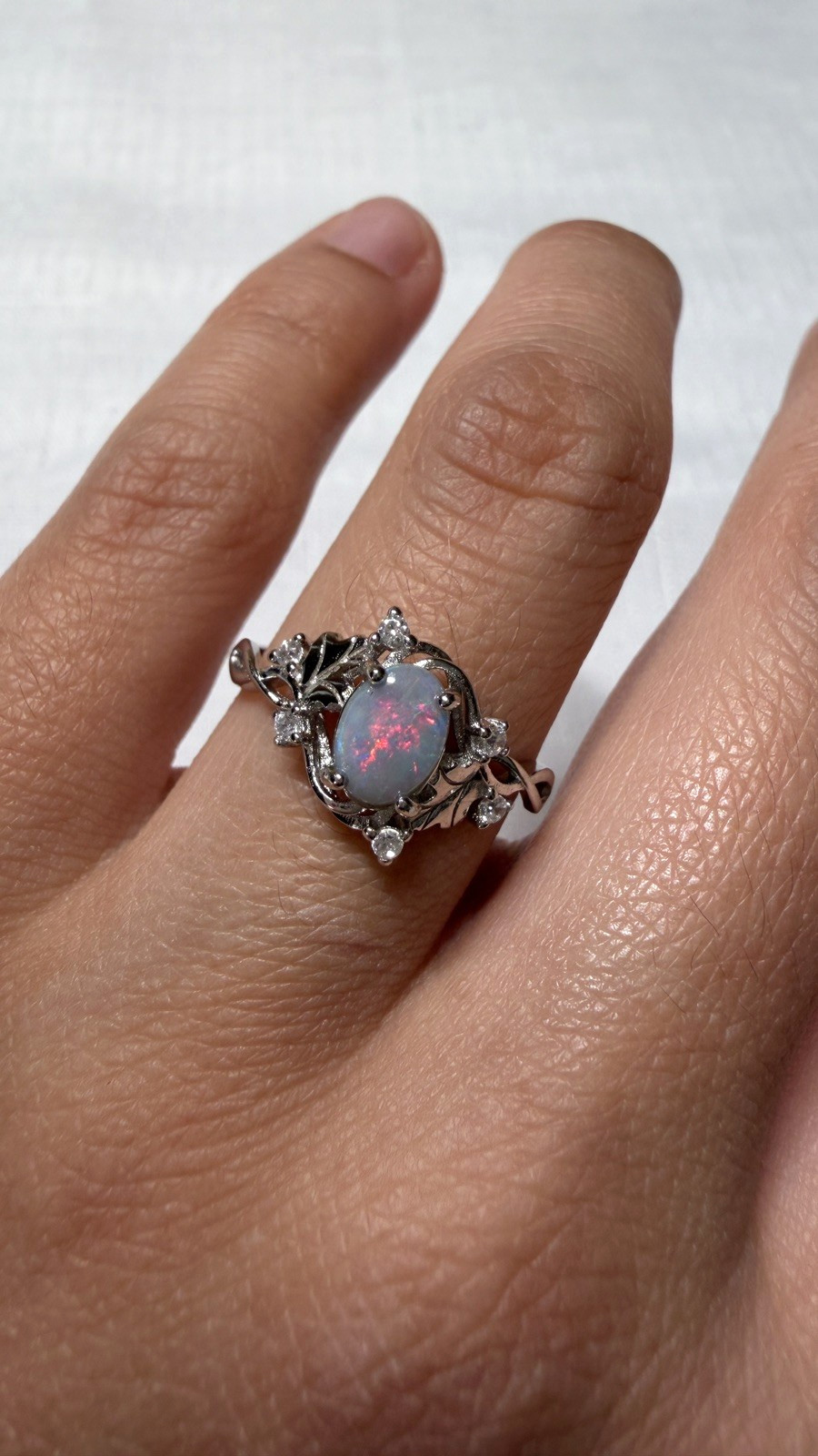 Solid Opal Ring Natural Australian Silver Red Green Fire Fairy Floral Gift #0180