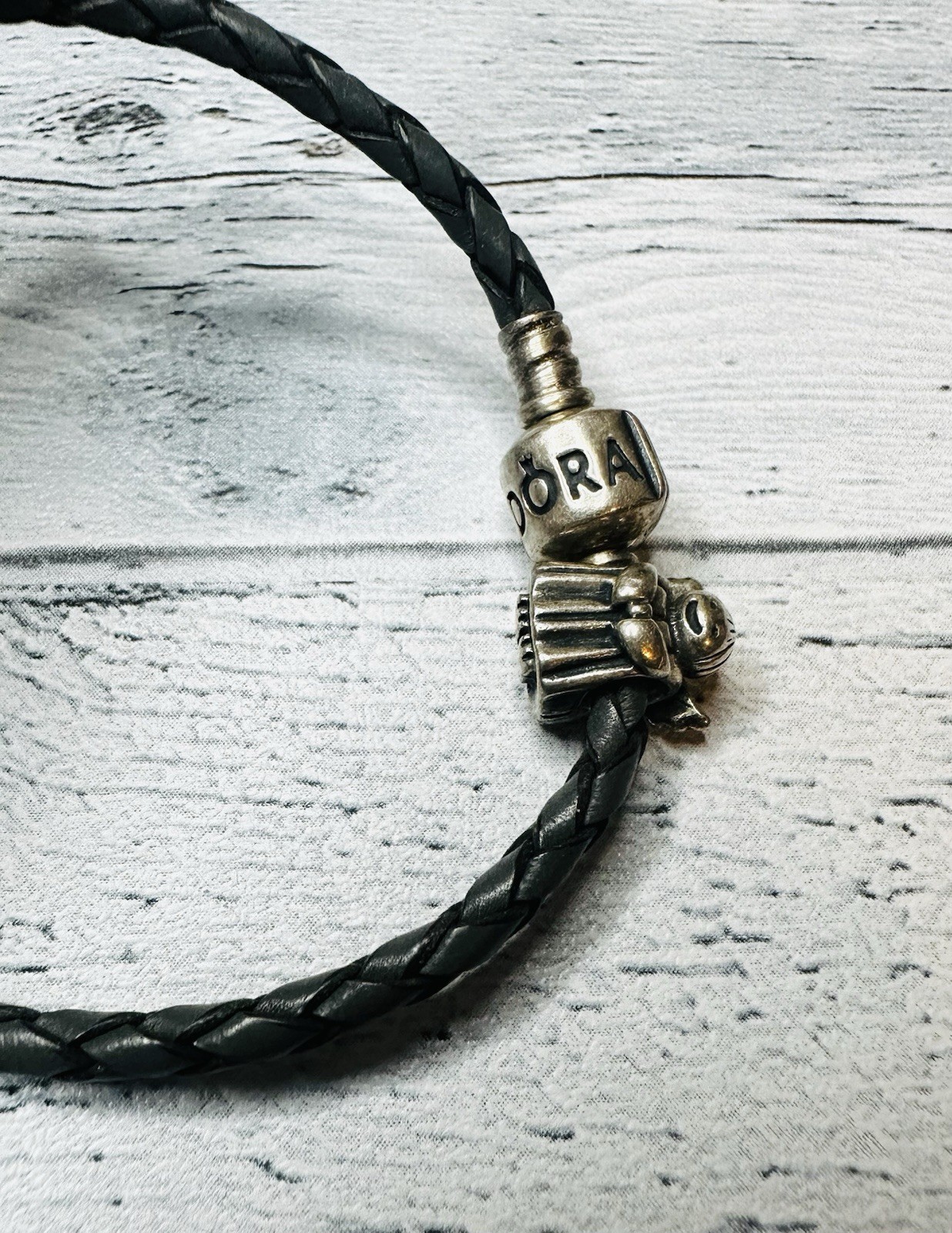 Pandora, Leather Braided Black 7 Inch Bracelet With Silver Tone Angel Charm