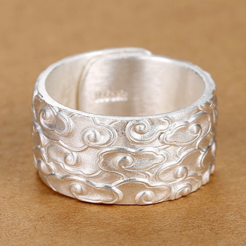 Pure silver auspicious cloud ring with adjustable width and foot silver