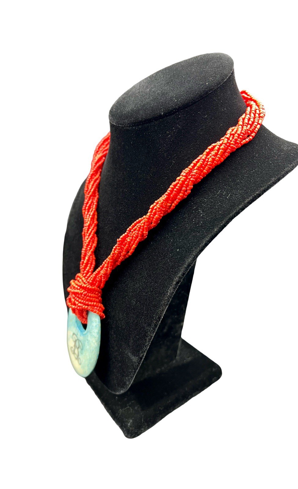 Red Multi-Strand Seed Bead Necklace with Blue Green Monogram “B” Stone Pendant