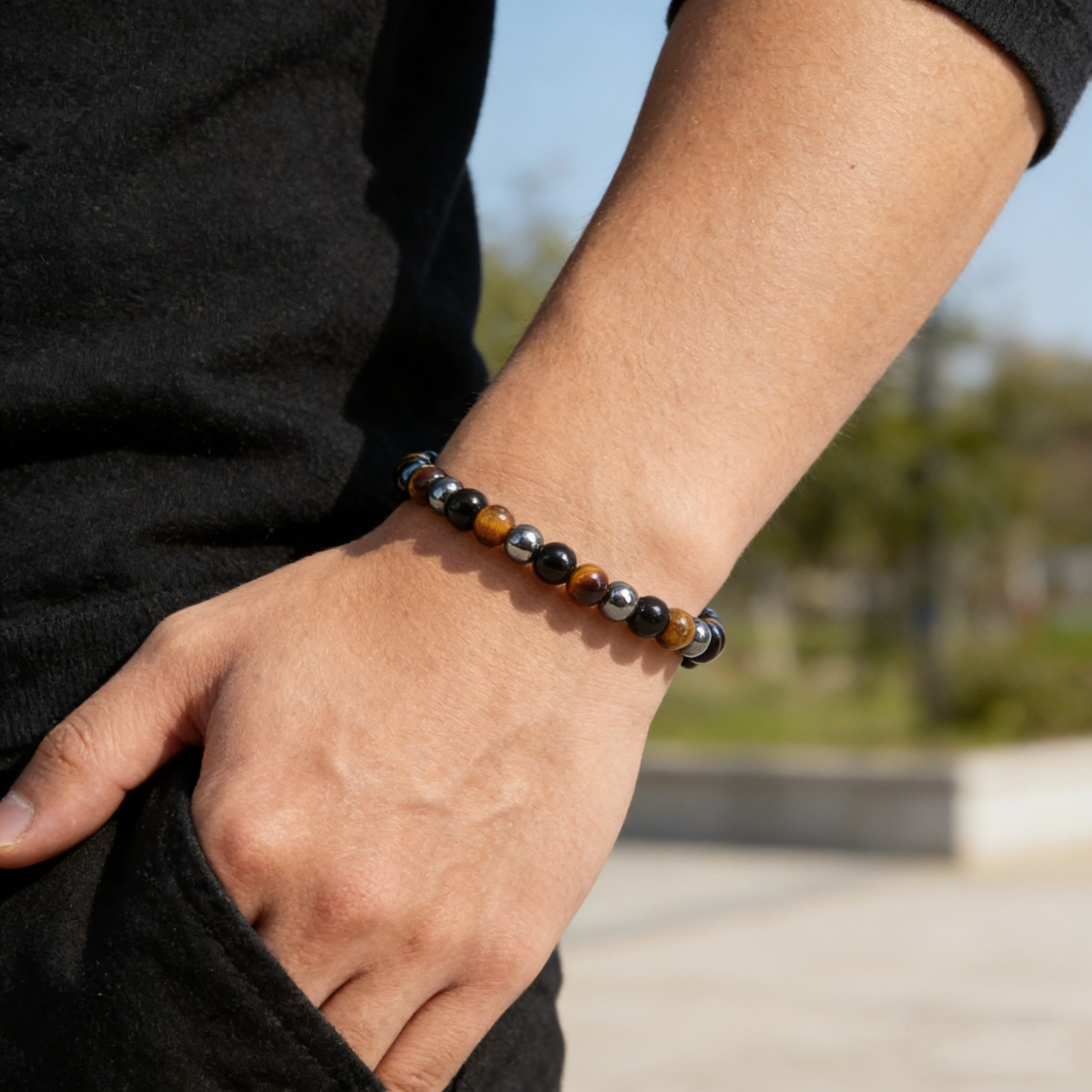 Tiger’s eye Hematite Obsidian 4mm Beaded Bracelet Triple Protection Bracelet
