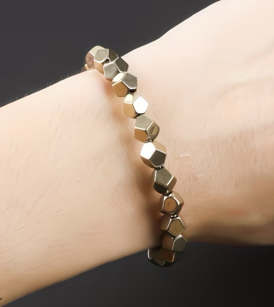 Pyrite Stone Beads Bracelet Gemstone Stretch Handmade Multi Faceted