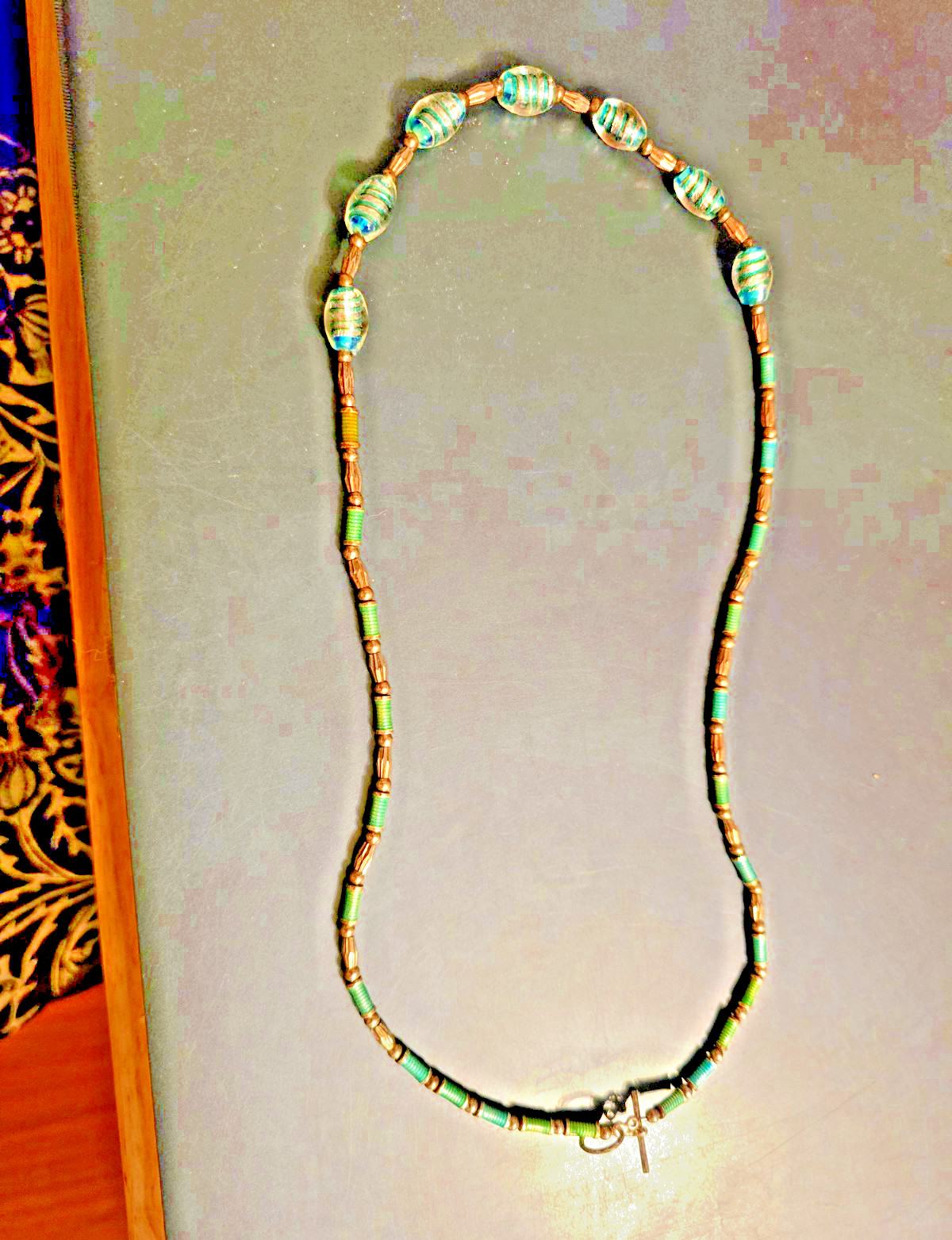 Handmade 27″ Lampwork Glass & Serling Silver Statement Necklace -Aqua Blue Green