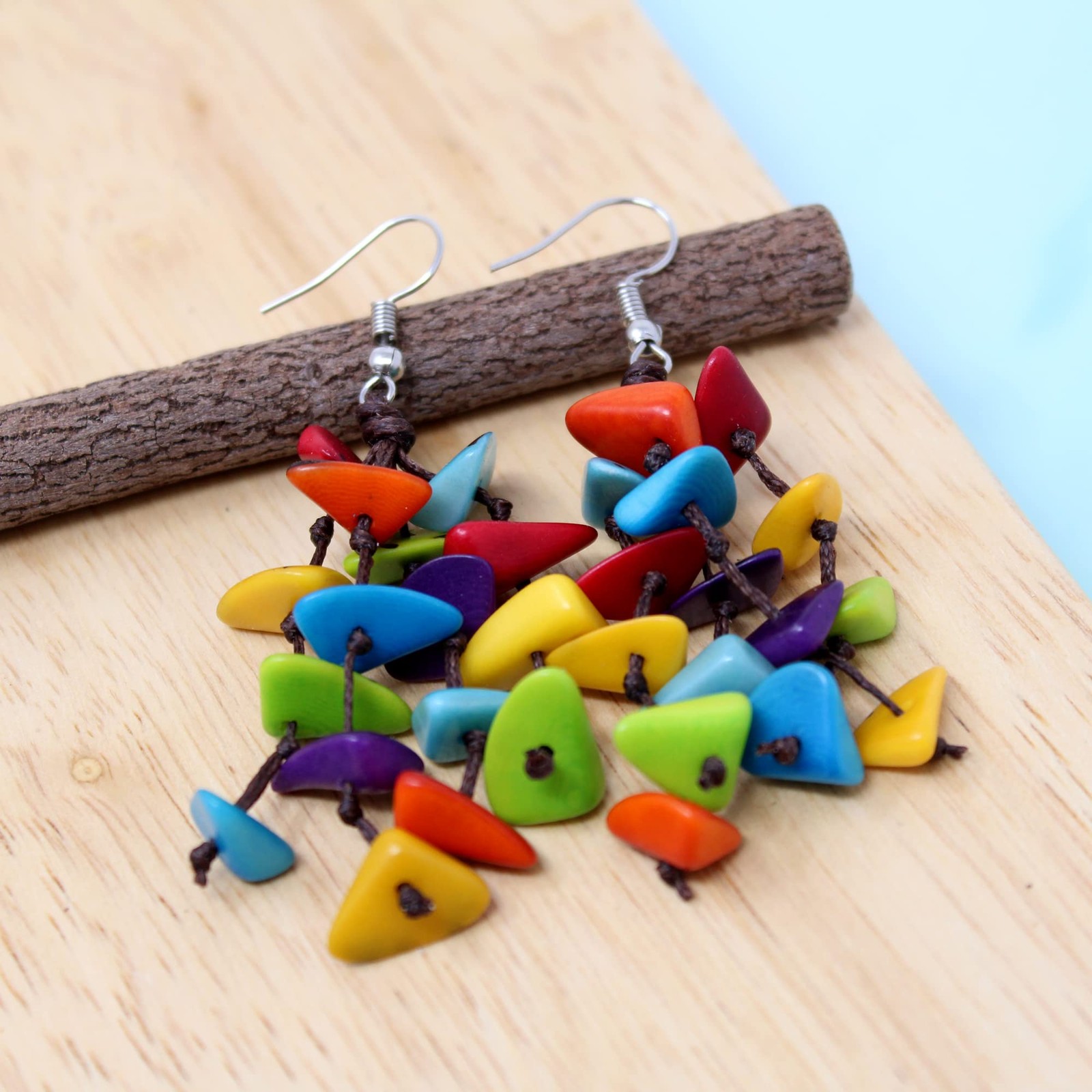 Tagua Earrings Multicolor Tassels Handmade Fair Trade, Lightweight, by