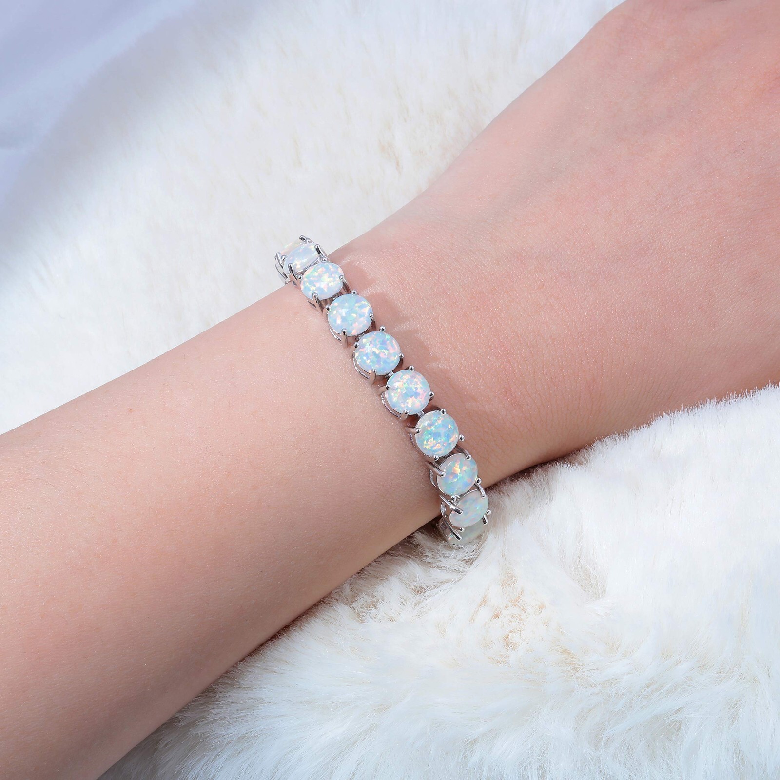 Vikoly Blue/White/Orange/Pink Round 925 Sterling Sliver Fire Opal Bracelet 18cm