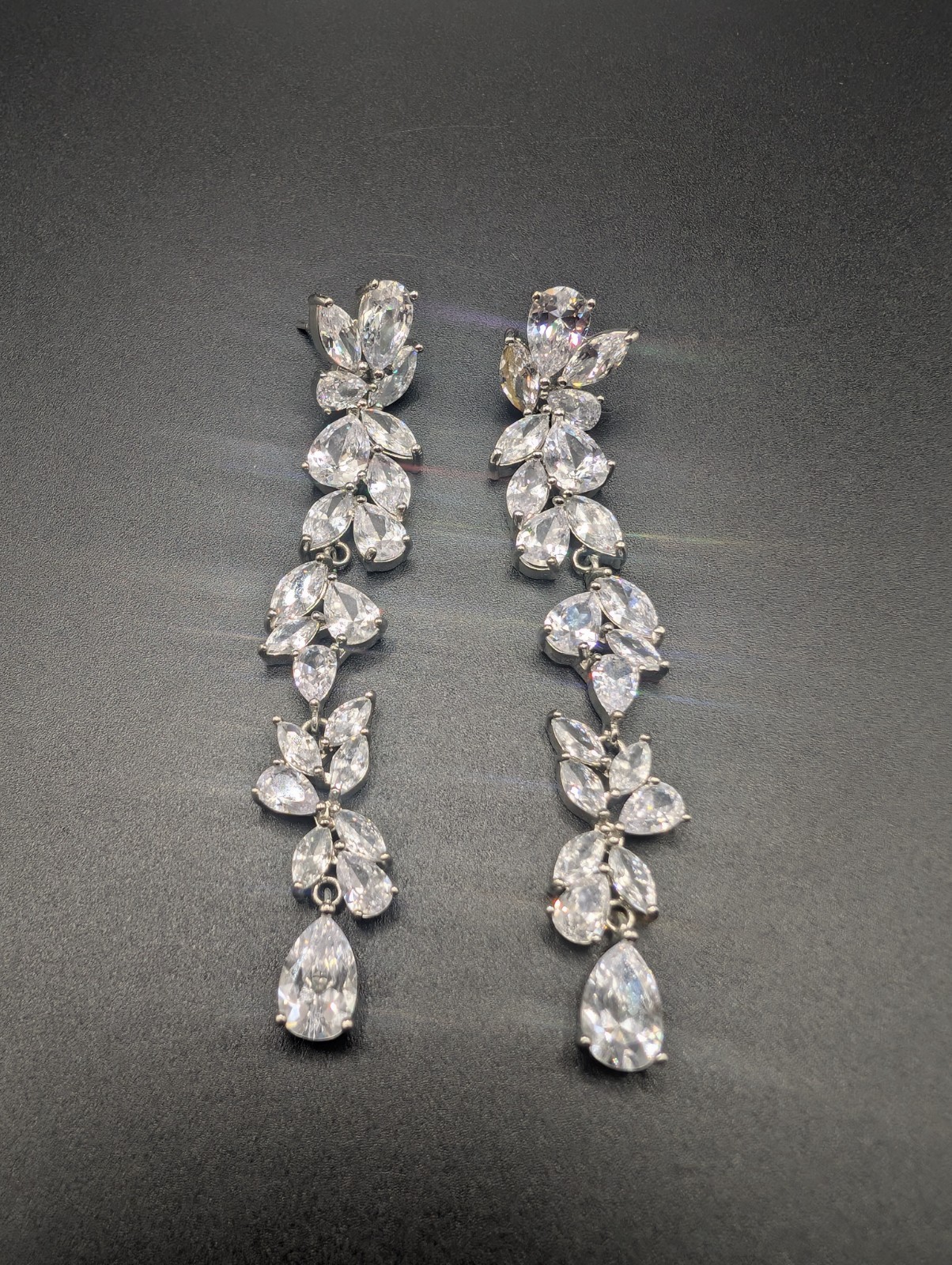 Long Rinestone Earrings Silver Tone Open Back